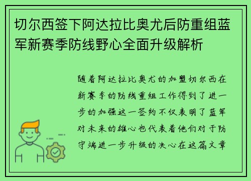 切尔西签下阿达拉比奥尤后防重组蓝军新赛季防线野心全面升级解析